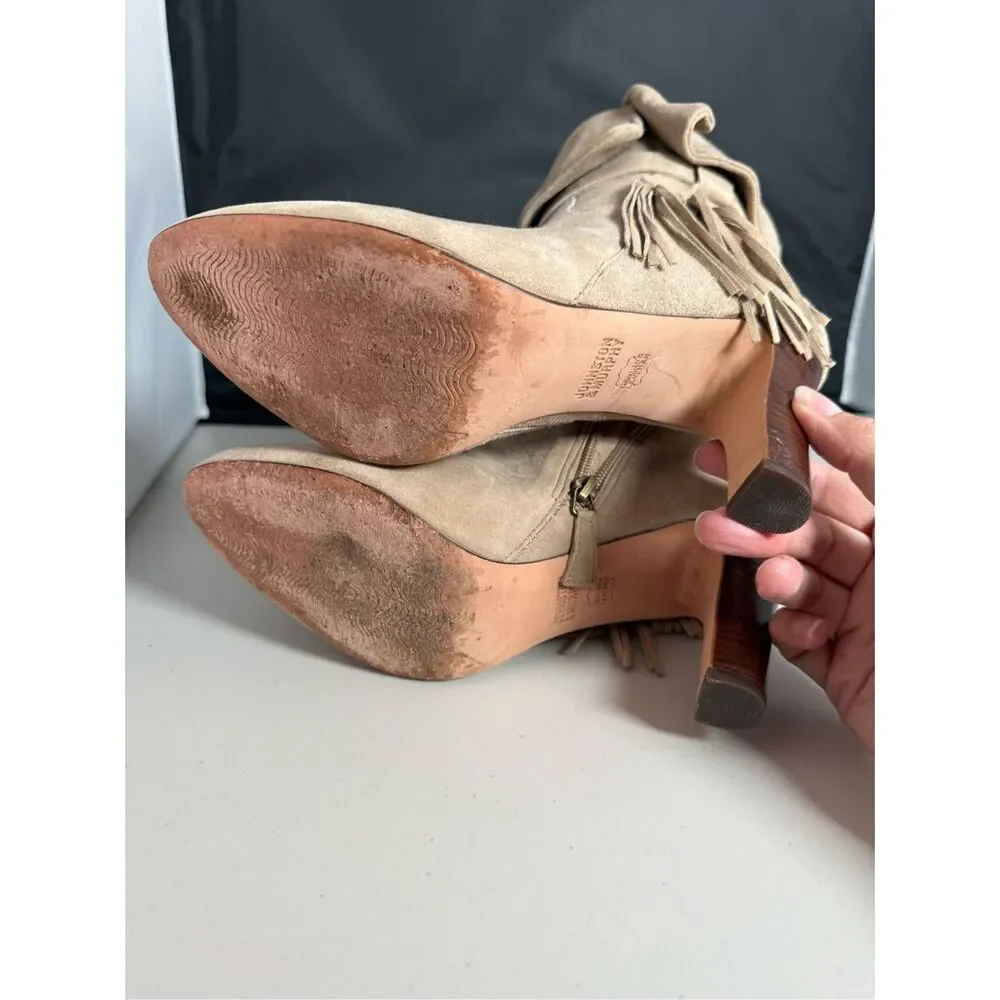 Johnston & Murphy Keaton Suede Leather Fringe Cuff‎ Heeled Boots Womens 10M Tan